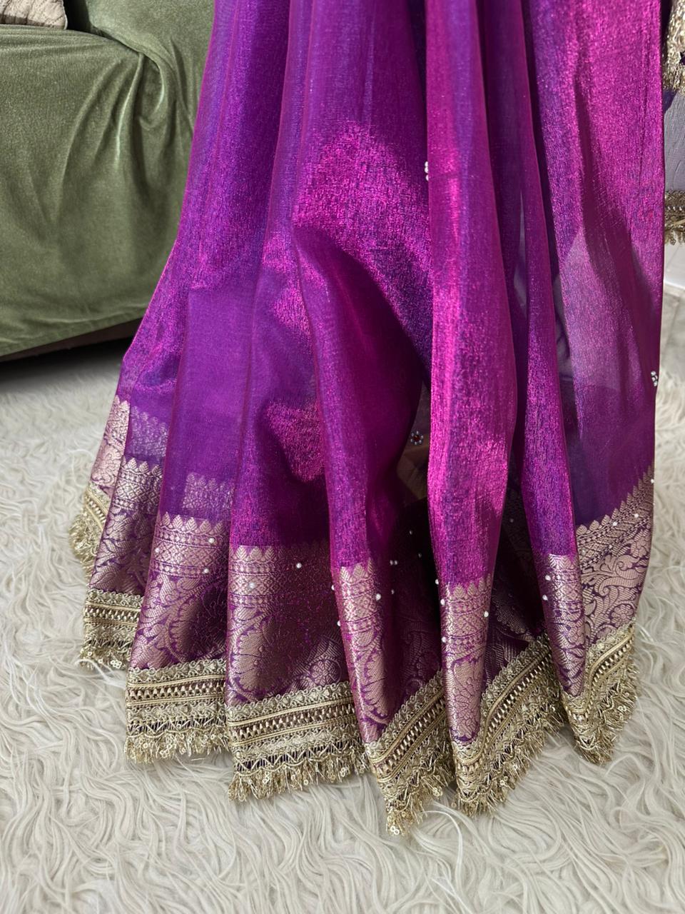 Purple Bridal Tissue Saree with Designer Pearl and Mirror Lace Work Jhalar Lace on Pallu