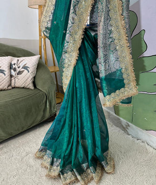 Designer Banarasi Tissue Saree with Pearl Work on All Over Body with Intricate Border and Pallu Design Along with Gotta Patti Lace Work