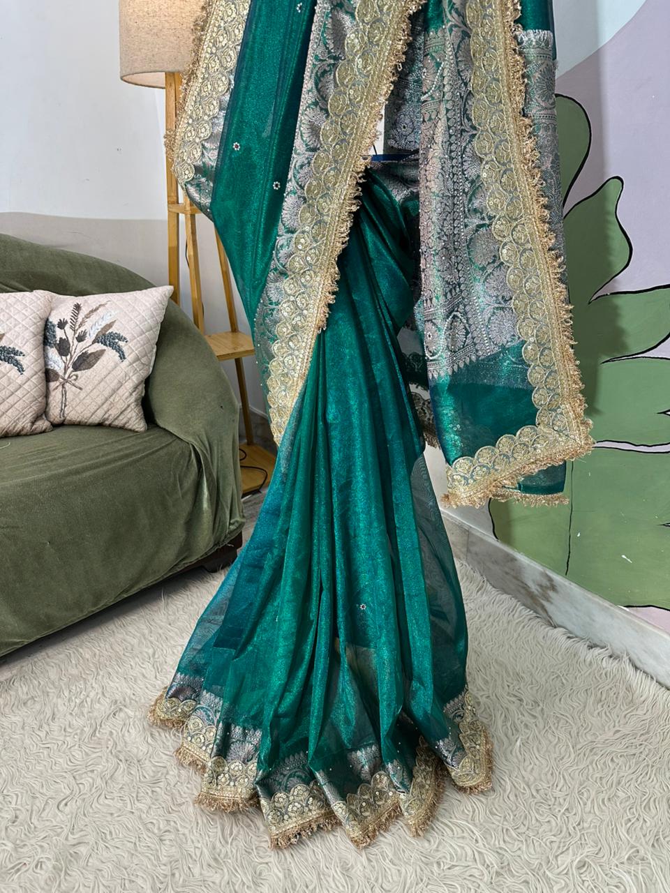 Designer Banarasi Tissue Saree with Pearl Work on All Over Body with Intricate Border and Pallu Design Along with Gotta Patti Lace Work