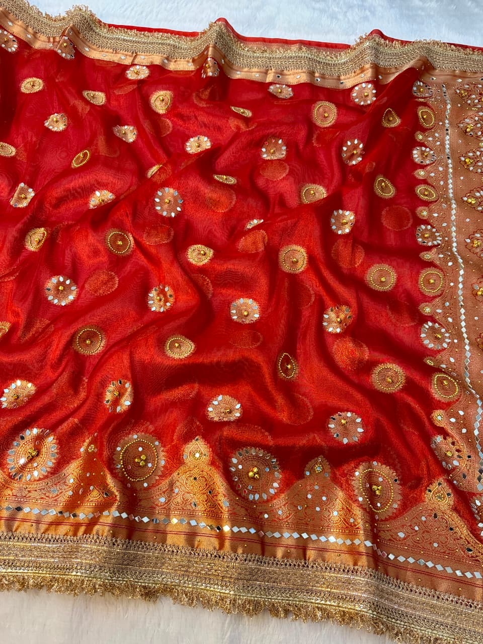 Metallic Banarasi Soft Glass Tissue Saree x Ghungroo Handwork x Lacework x Mirror & Moti Handwork