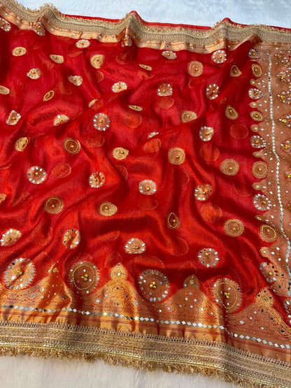Metallic Banarasi Soft Glass Tissue Saree x Ghungroo Handwork x Lacework x Mirror & Moti Handwork