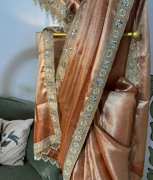 Rust Orange Bridal Kanjeevaram Brocade Tissue Saree with Designer Pearl and Mirror Lace Work Jhalar Lace on Pallu