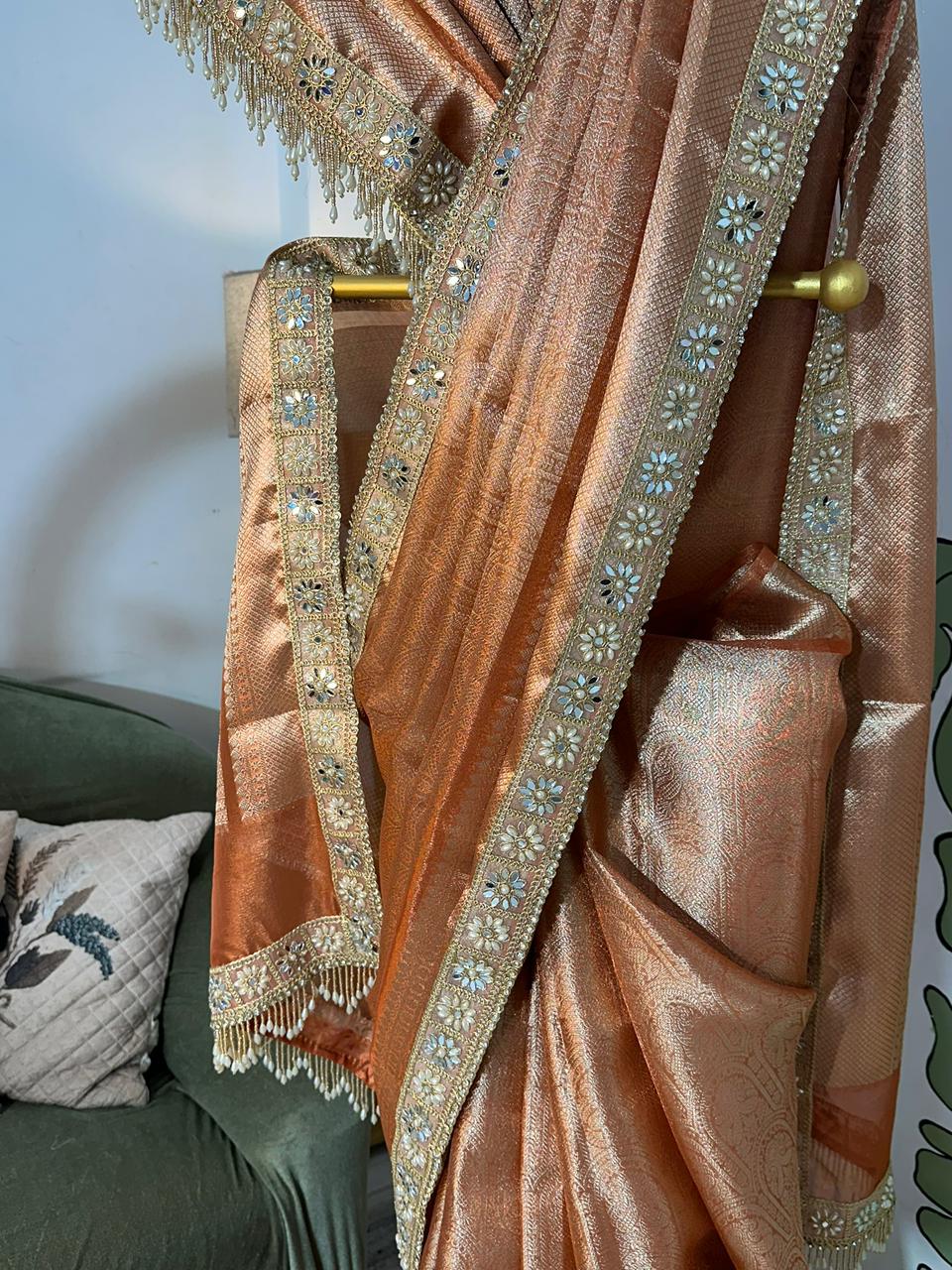 Rust Orange Bridal Kanjeevaram Brocade Tissue Saree with Designer Pearl and Mirror Lace Work Jhalar Lace on Pallu