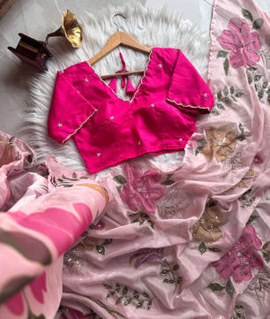 Tabby Silk Rose Print Peachy Pink Sari