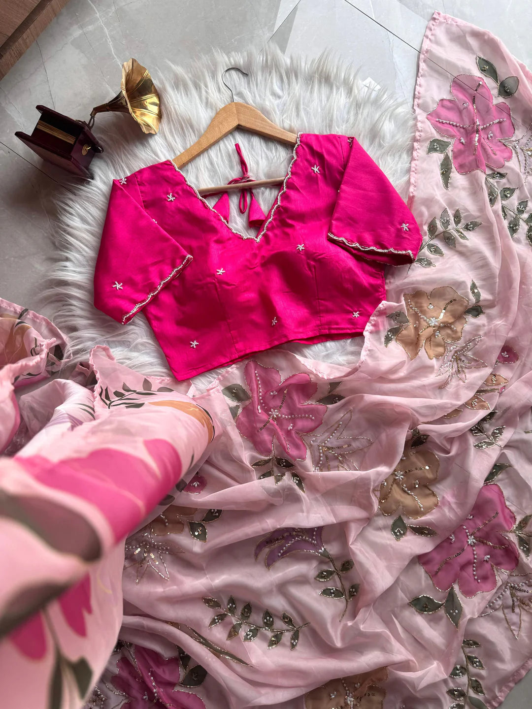 Tabby Silk Rose Print Peachy Pink Sari