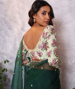 Soft organza saree cover with heavy hand crafted work all over and print silk unstitch blouse