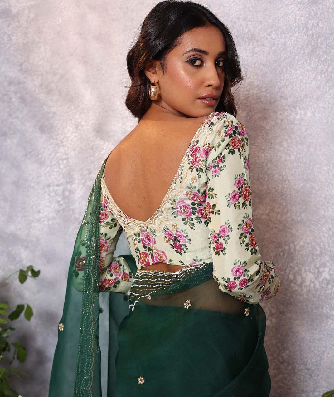 Soft organza saree cover with heavy hand crafted work all over and print silk unstitch blouse