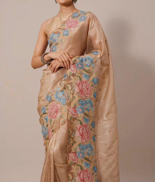 Pure Jimmicho Organza Tissue Fabric With Multi colour threads Embroidery & cutwork borders*