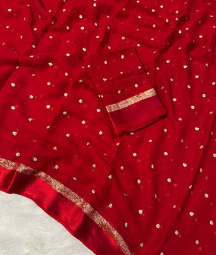 Premium Satin Patta Pure Viscose Georgette Saree with Sequins Butti & Designer Contrast Blouse