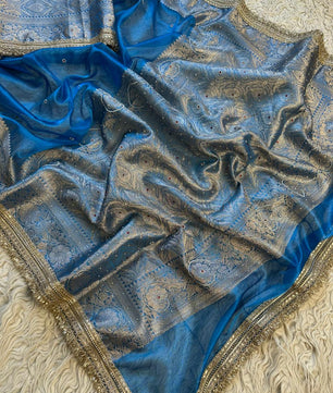 Bridal Tissue Saree with Designer Pearl and Mirror Lace Work Jhalar Lace on Pallu