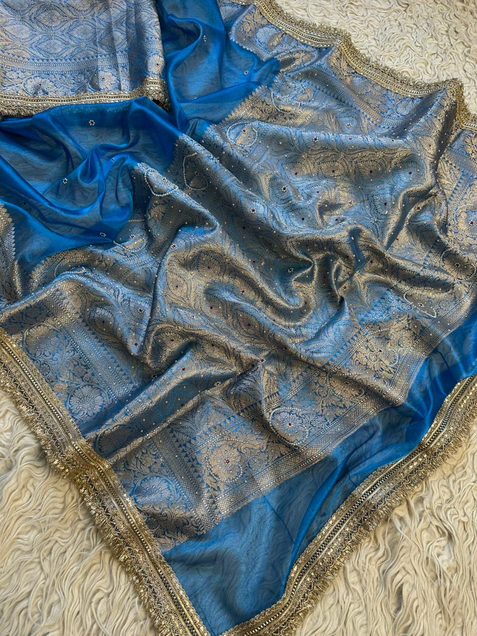Bridal Tissue Saree with Designer Pearl and Mirror Lace Work Jhalar Lace on Pallu