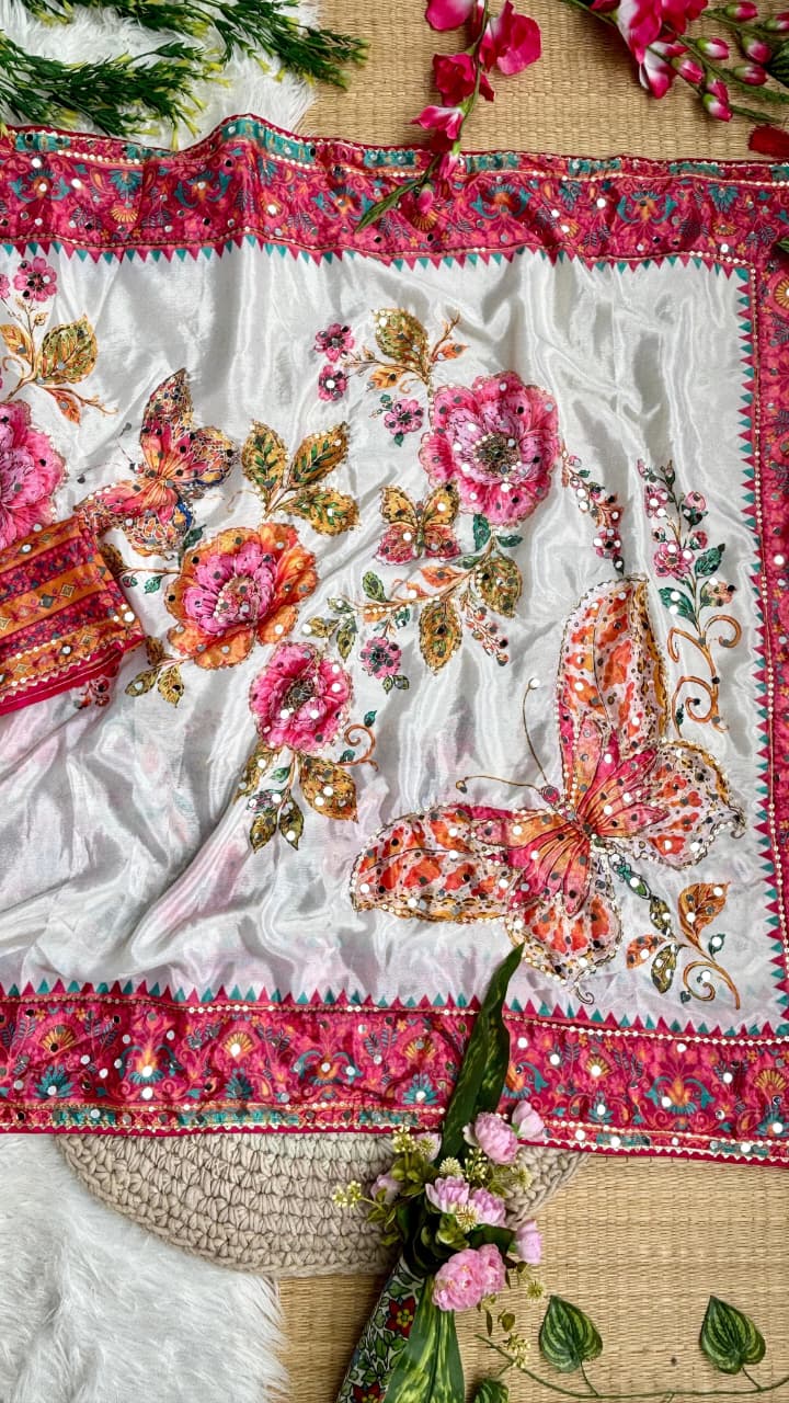 Soft Chinnon saree with hand ari work