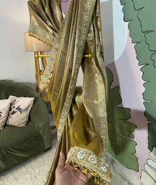 Bridal Kanjeevaram Brocade Tissue Saree with Designer Pearl and Mirror Lace Work Jhalar Lace on Pallu