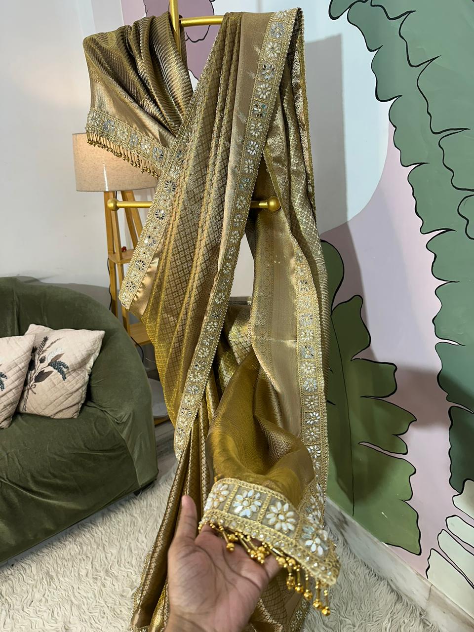 Bridal Kanjeevaram Brocade Tissue Saree with Designer Pearl and Mirror Lace Work Jhalar Lace on Pallu