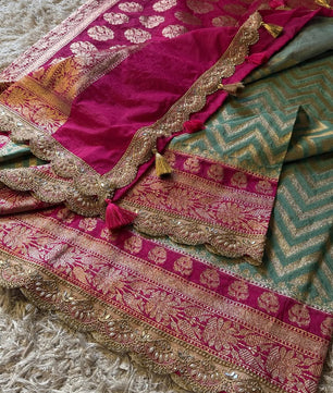 Katan Georgette Silk Saree with Scallop lace handwork, 
Latkan handwork pallu