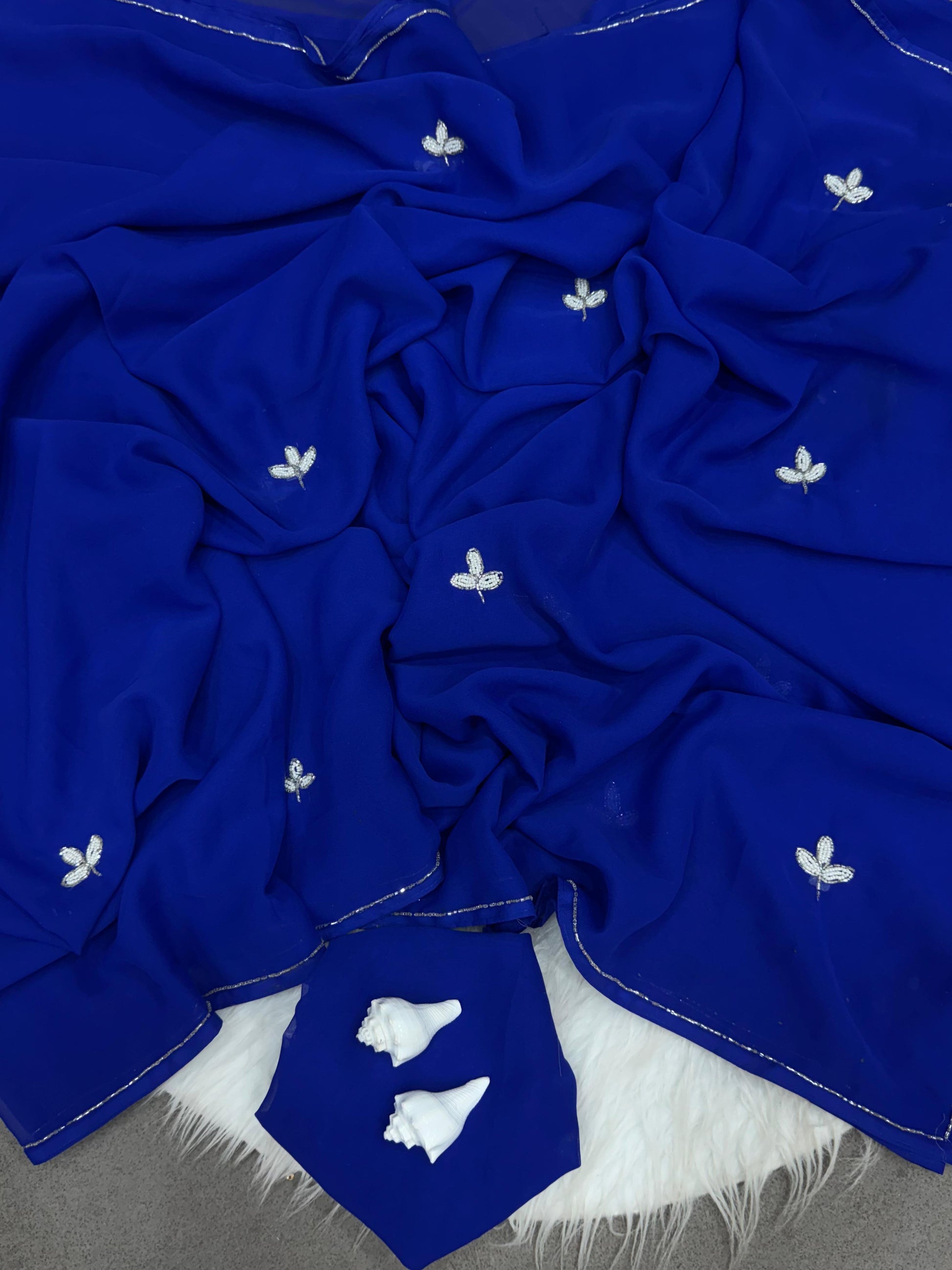 SOFT GEORGETTE DINNER SAREE WITH HANDWORK CUT DANA LEAF WITH SILVER CUT DANA HANDWORK