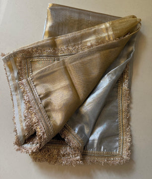 Two Tone Metallic Banarasi Tissue Soft Silk Saree with Gotapatti + Uljhan lace work