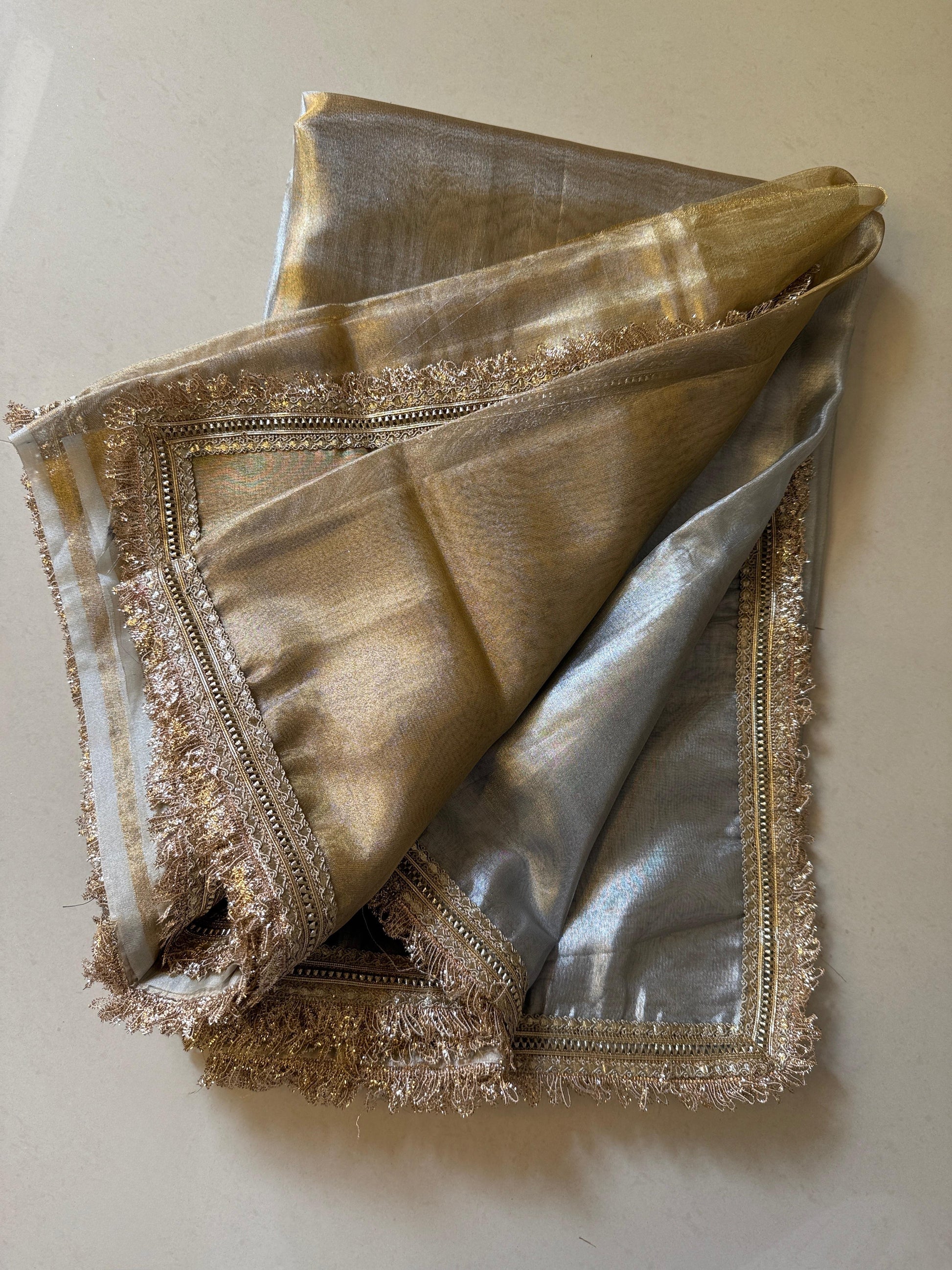 Two Tone Metallic Banarasi Tissue Soft Silk Saree with Gotapatti + Uljhan lace work