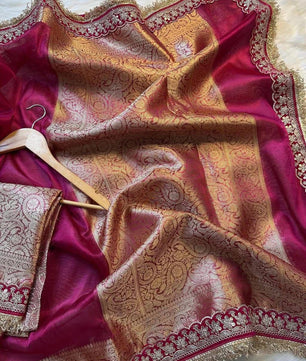 Banarasi Tissue Silk Saree with Velvet & Uljhi Lace Work Border