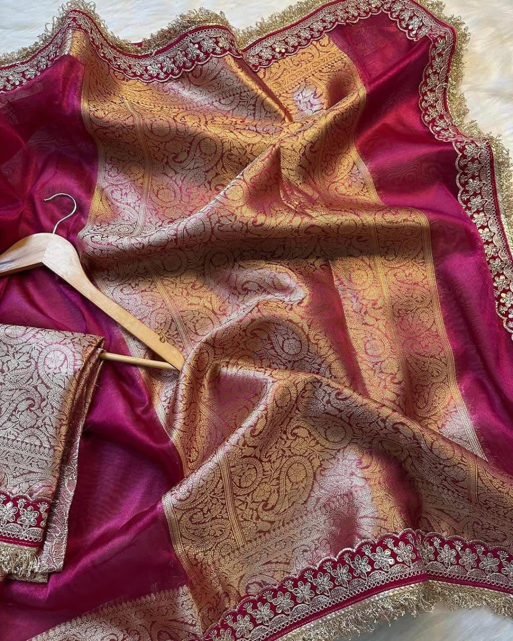 Banarasi Tissue Silk Saree with Velvet & Uljhi Lace Work Border
