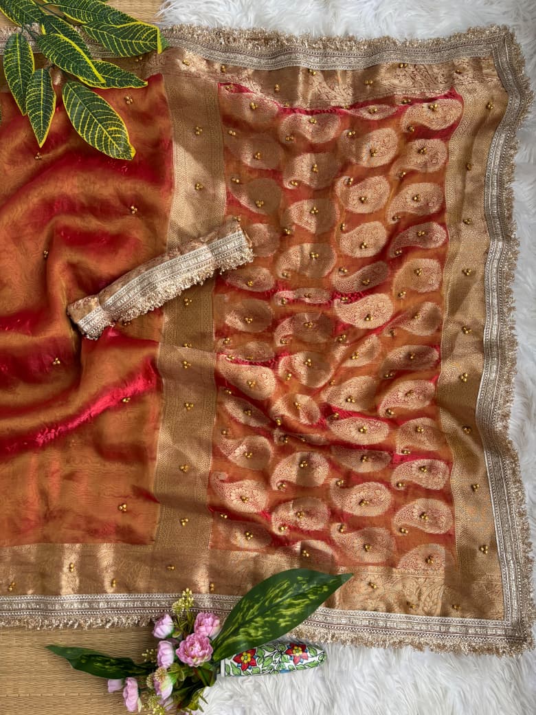 Pure Soft Banarasi Sartin Silk Weaving Saree With Gungroo in All over Saree With Fancy Lace Border