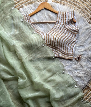 Crush Slik Sari With Stiched Blouse Fully Handwork Include Pearl