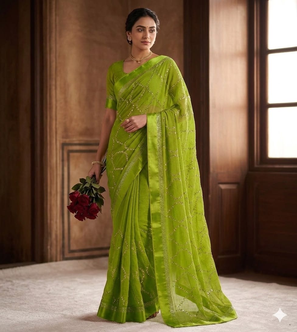 Pure Viscose Georgette Sattin Patta With Lahriya Concept Sequins