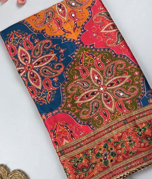 Japan satin most viral saree with stitched blouse