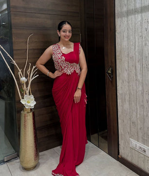 Elegant Pink Heavy Rangoli Embroidered Ready-to-Wear Saree for Weddings & Parties