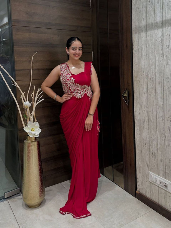 Elegant Pink Heavy Rangoli Embroidered Ready-to-Wear Saree for Weddings & Parties