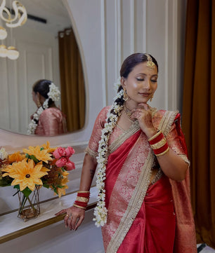 Designer Banarasi Tissue Saree with Pearl Work on all over Body with Intricate Border and Pallu Design Along with Gotta Patti Lace Work