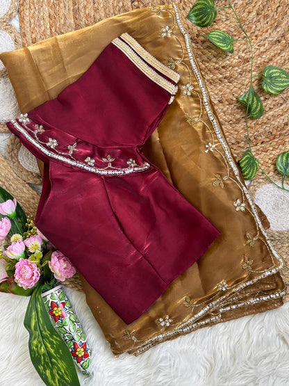 Very Soft nd Elegant Rich look Rimzim Silk fabric with beautiful hand work khatli cutdana heavy border