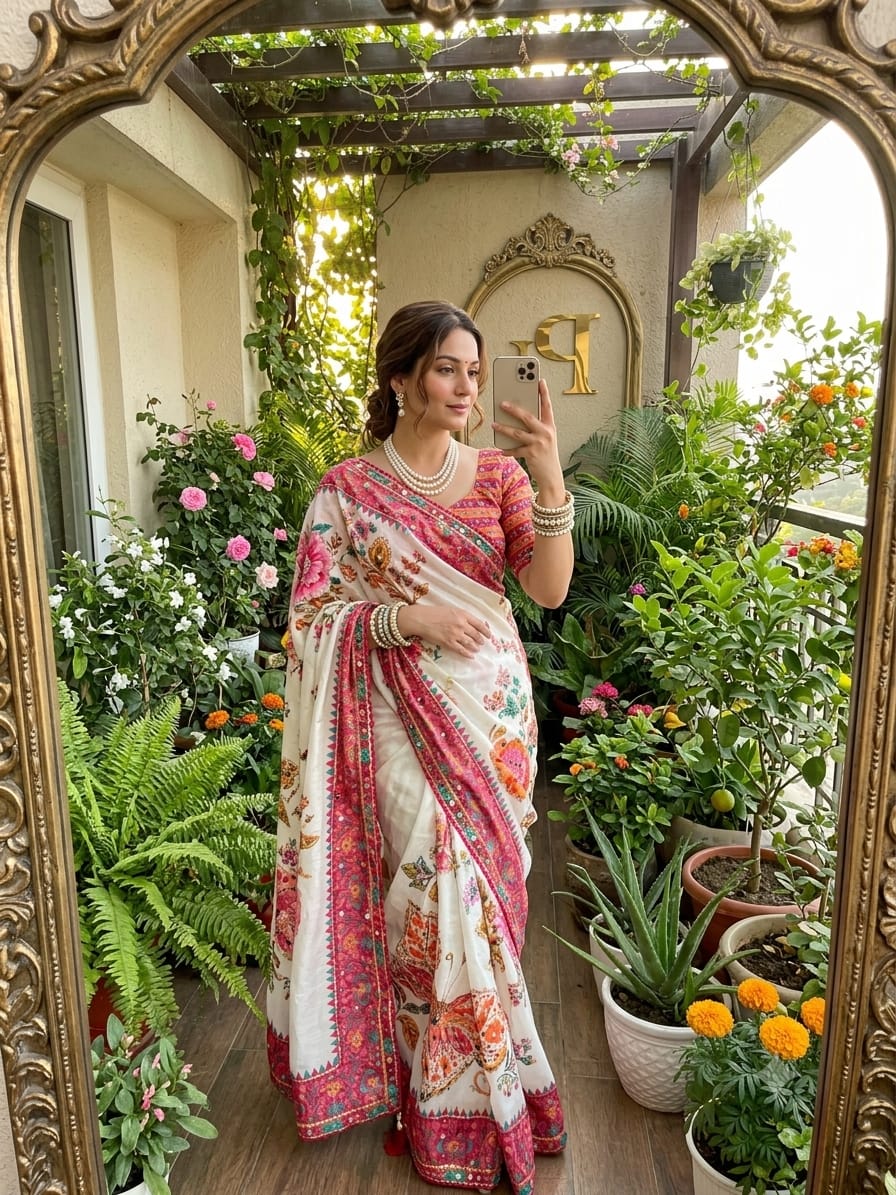 Soft Chinnon saree with hand ari work
