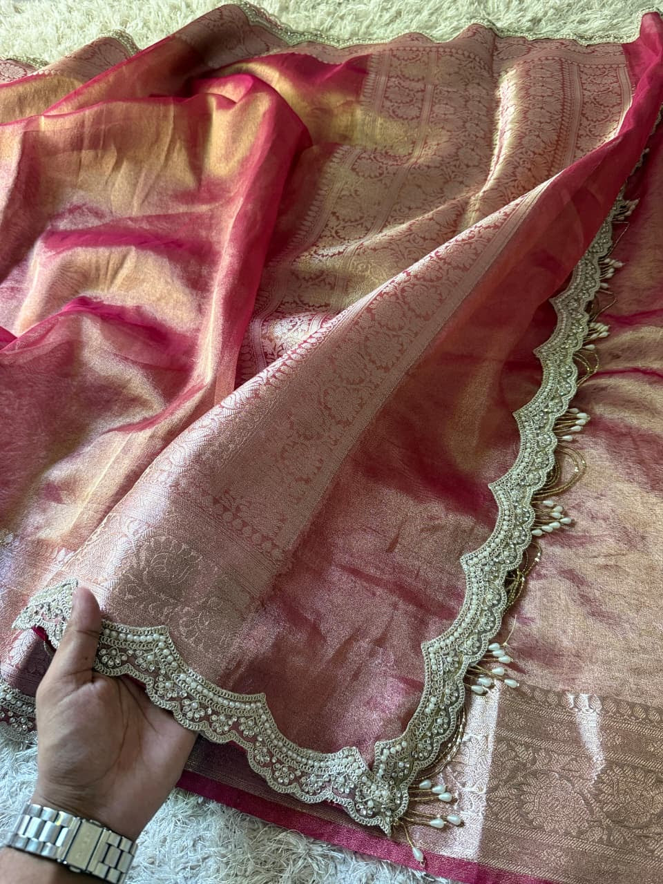 Banarasi Glass Plain Tissue Border Soft Saree