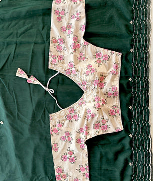 Soft organza saree cover with heavy hand crafted work all over and print silk unstitch blouse
