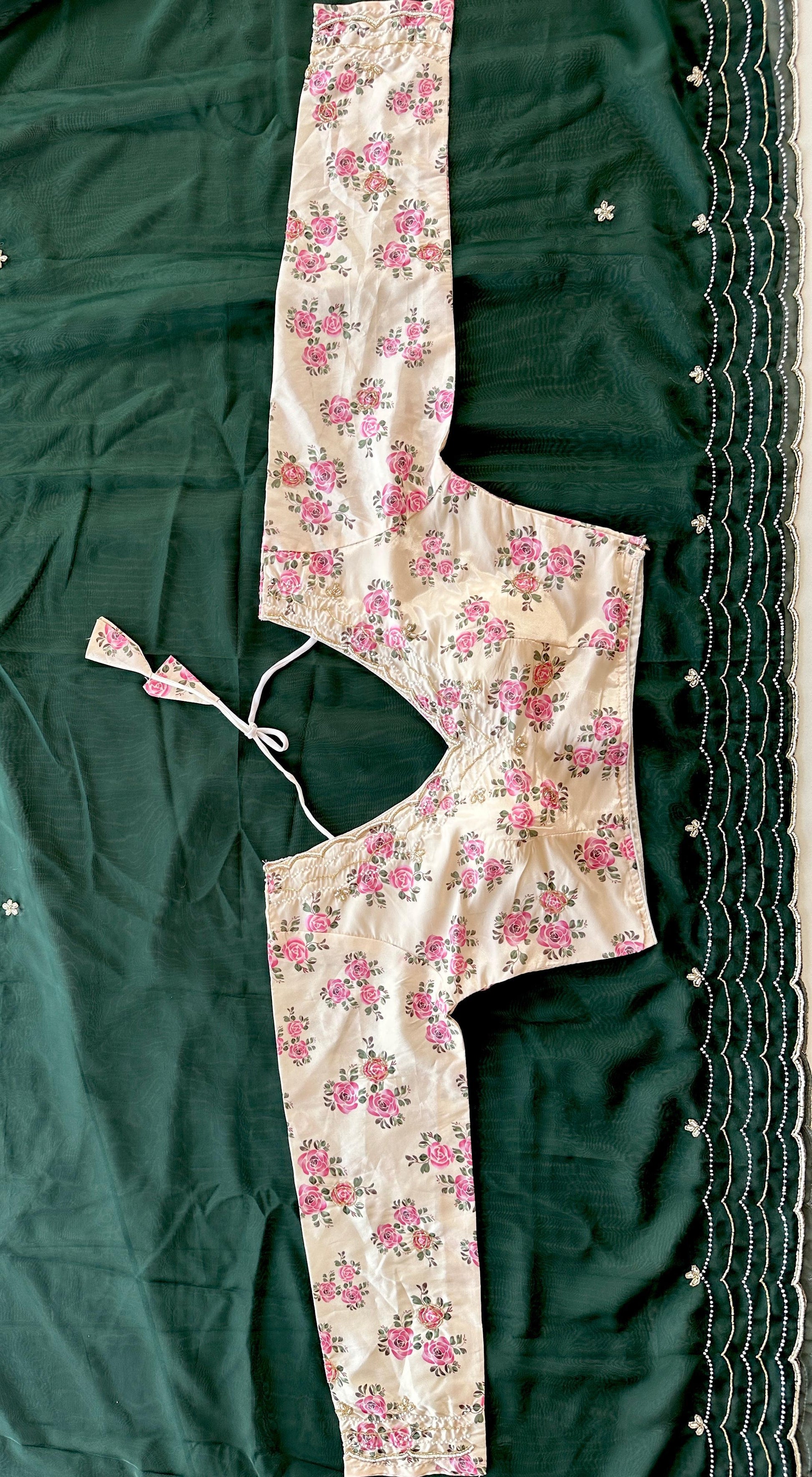 Soft organza saree cover with heavy hand crafted work all over and print silk unstitch blouse