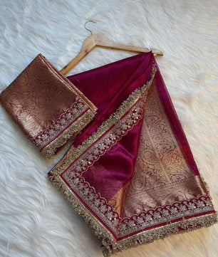 Banarasi Tissue Silk Saree with Velvet & Uljhi Lace Work Border