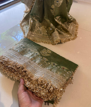 Masterpiece Glass Tissue Banarasi *Handwork* Mirror Work , Maharani Lace Work Saree