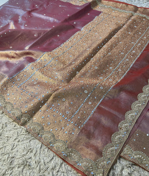 Soft Glass Tissue Banarasi *HandworkStone, Mirror and *Heavy Handwork* Lace Work Saree