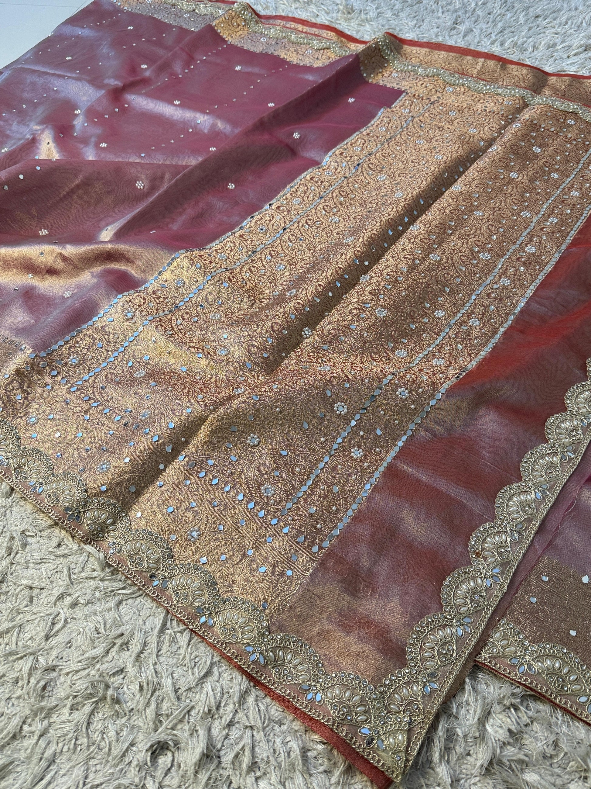 Soft Glass Tissue Banarasi *HandworkStone, Mirror and *Heavy Handwork* Lace Work Saree