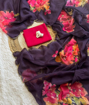 SUPER HIT FLOWER HANDWORK CUT DANA ROSE SOFT TABI ORGANZA HANDWORK SAREE*