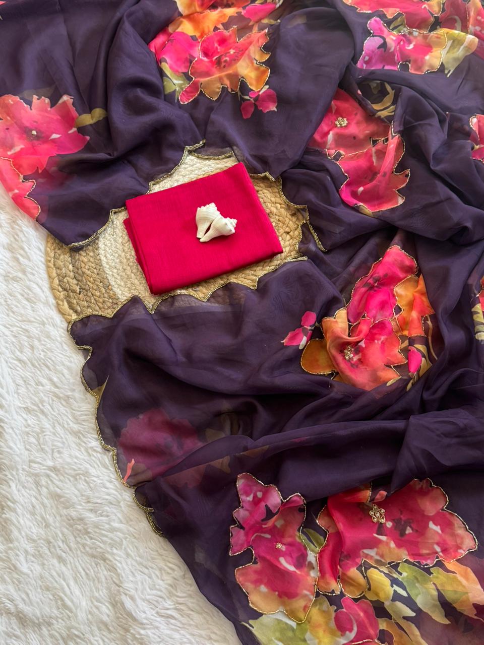 SUPER HIT FLOWER HANDWORK CUT DANA ROSE SOFT TABI ORGANZA HANDWORK SAREE*