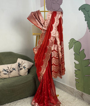 Banarasi Tissue Saree with Aari Work on all over Body with Intricate scallop border and Pallu
