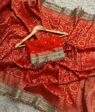 Orange Designer Georgette Katan Silk Saree with Gota Patti