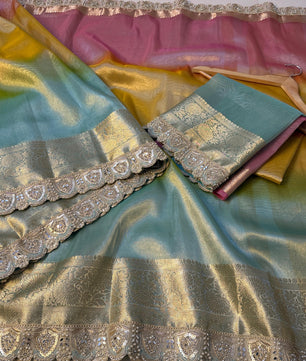Premium 3D Multi Shade Glass Tissue Saree with Soft Mirror Lace Border