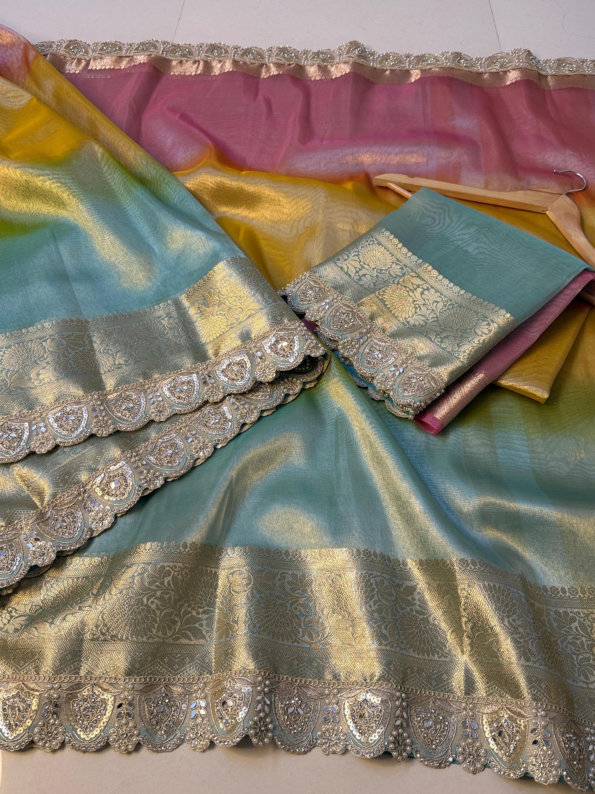 Premium 3D Multi Shade Glass Tissue Saree with Soft Mirror Lace Border