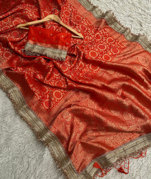 Orange Designer Georgette Katan Silk Saree with Gota Patti