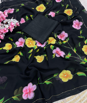 Beautiful brush print in whole saree with cut dena work