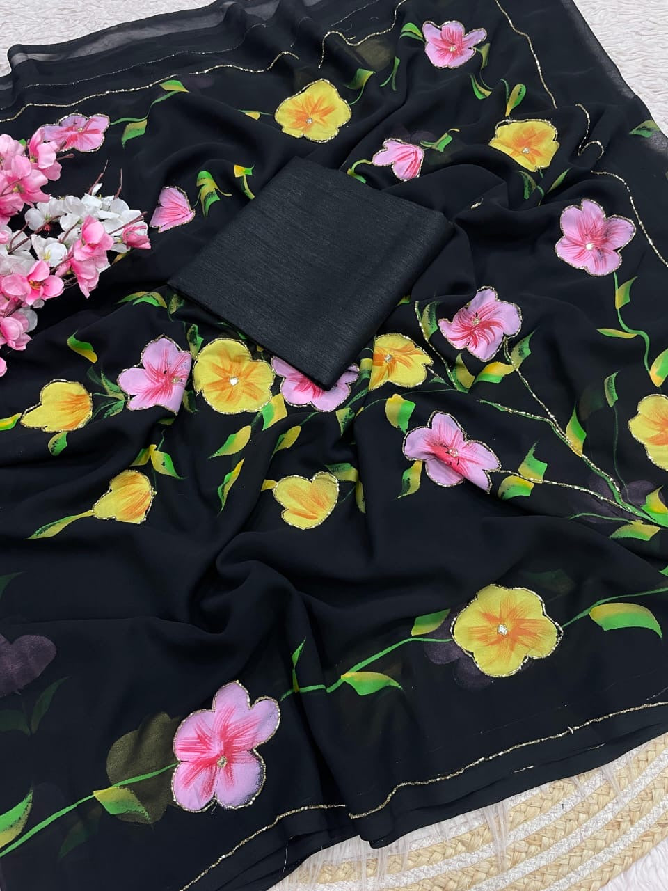 Beautiful brush print in whole saree with cut dena work