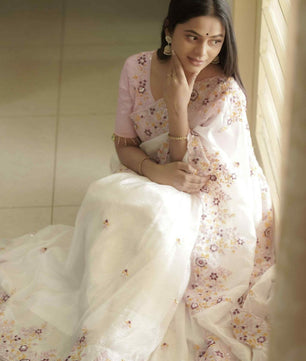 Gold crush soft Silk & Enhanced With embroidery , thread Work And sequence With Resham In Floral co